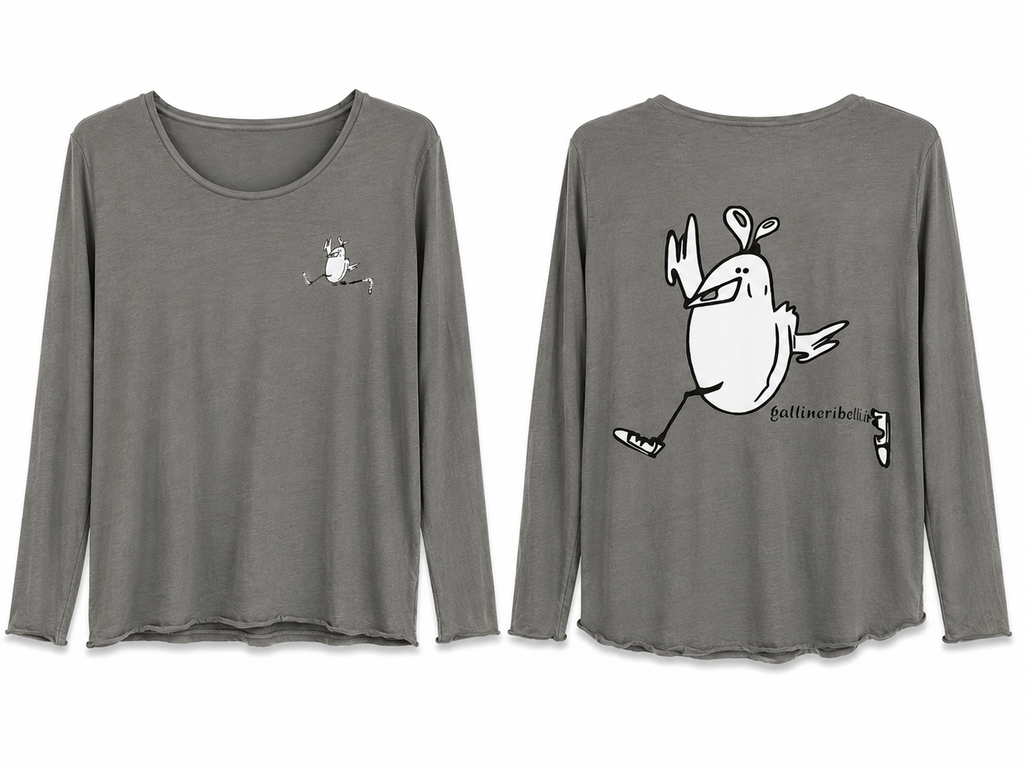 Vista fronte e retro della T-shirt grigio vintage Gallina Ribelle in corsa