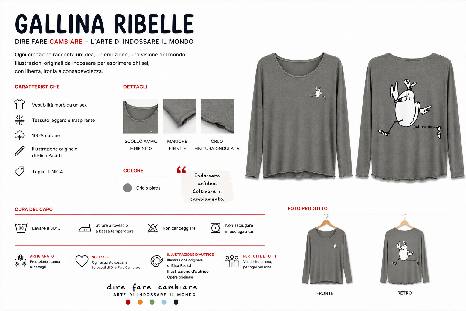 Scheda prodotto della T-shirt grigio vintage Gallina Ribelle in corsa