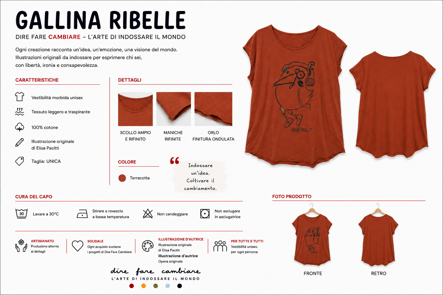 Scheda prodotto della T-shirt color terracotta Gallina Ribelle con le cuffie