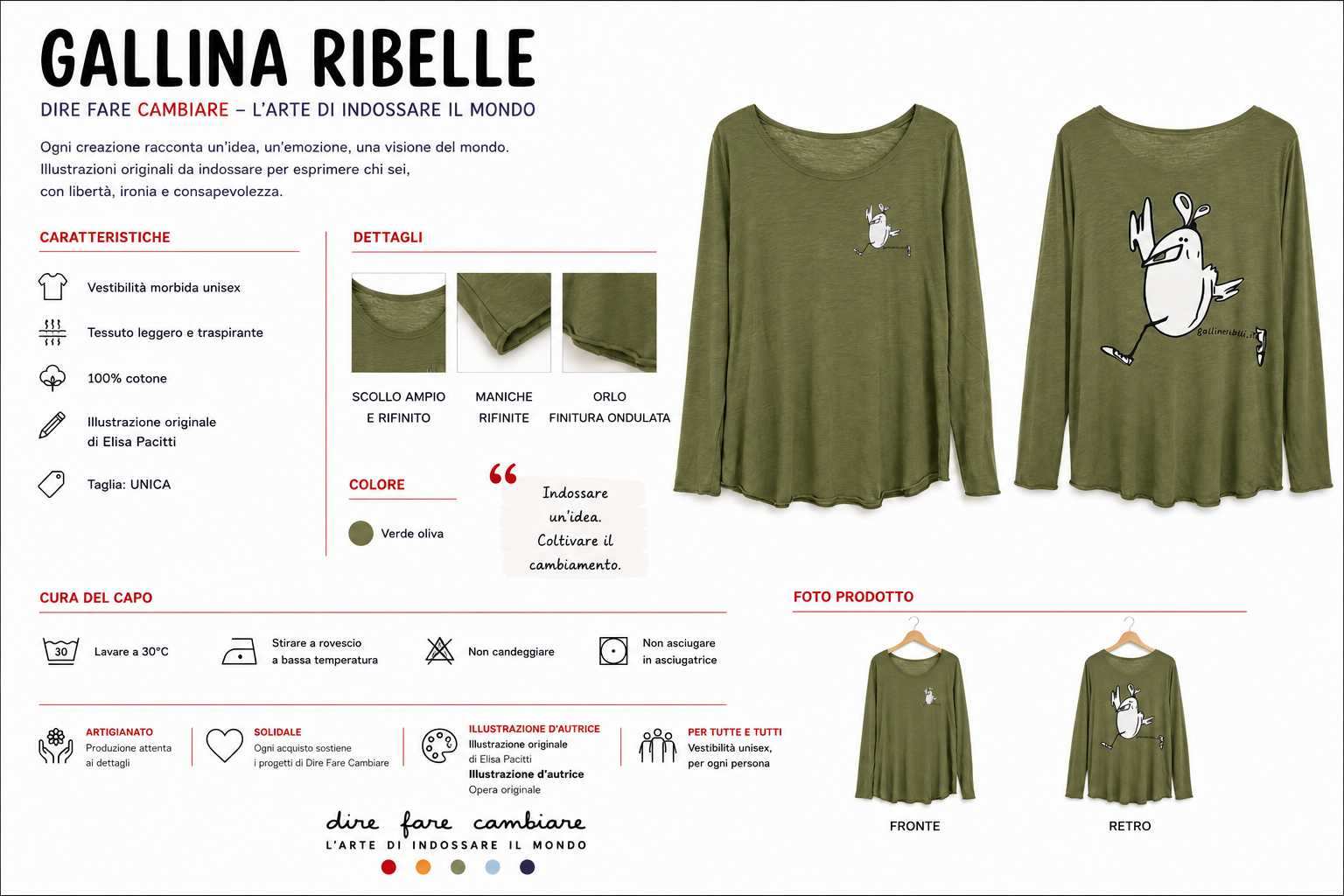 Scheda prodotto della T-shirt verde oliva Gallina Ribelle