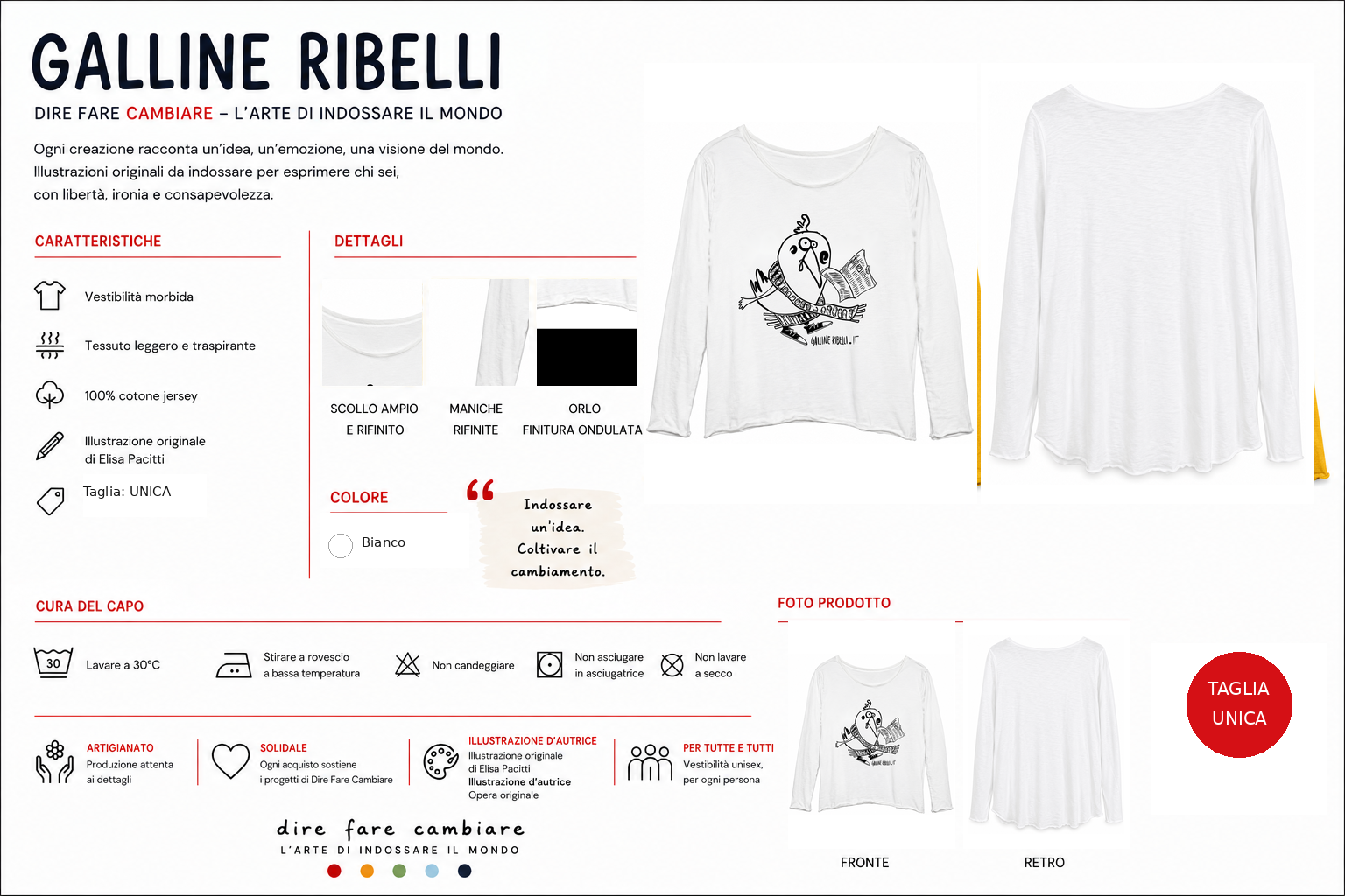 Scheda prodotto della maglia bianca Gallina Ribelle lettrice